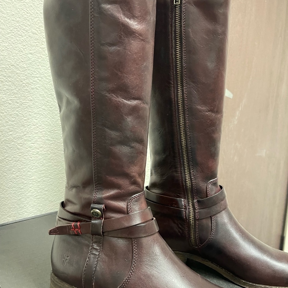Frye Leather Belted Medium Calf Tall Boots - Melissa in Plum - Picture 8 of 9
